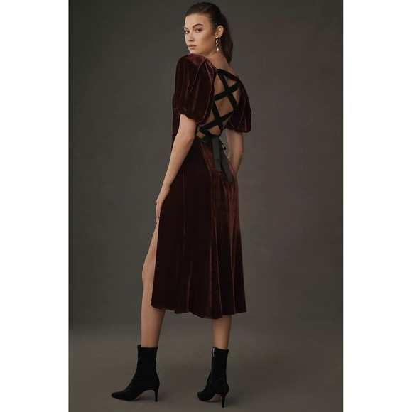 Reformation Dresses & Skirts - NWT Reformation Jocelyn Velvet Dress Size 12 Wine Holiday Open Back Midi Gown